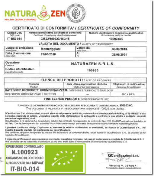 documento di certificazione biologica naturazen